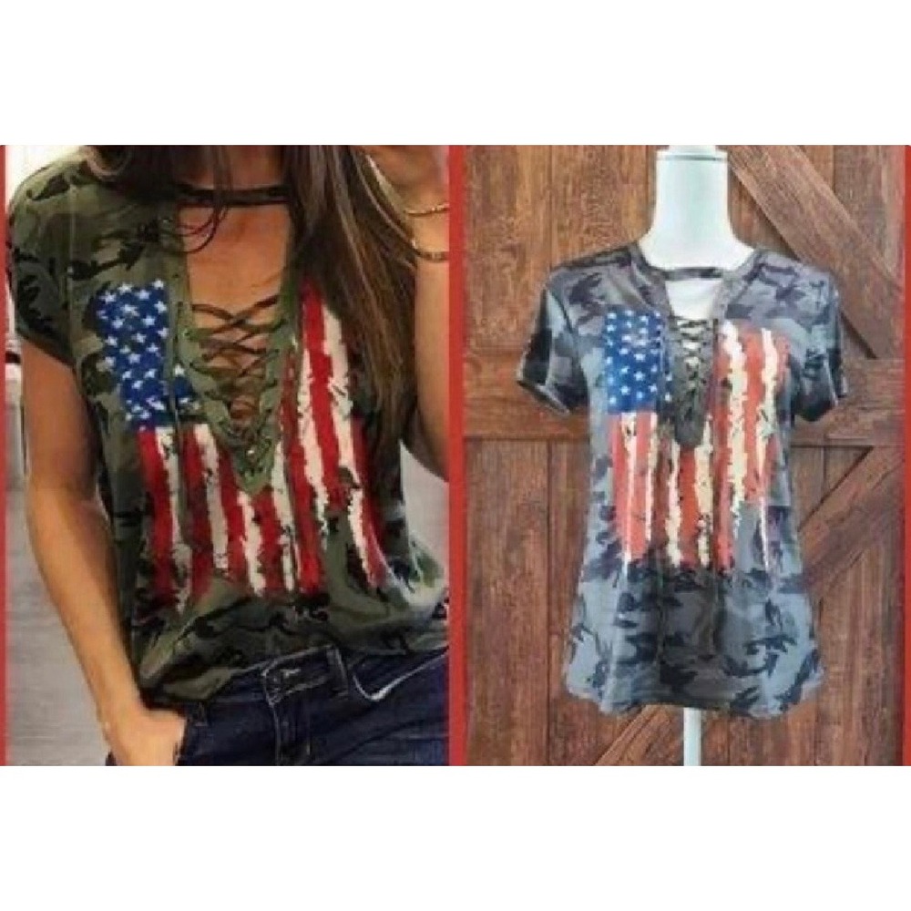 Rebel‎ Cowgirl T-Shirt Women XL Green Camo American Flag Lace Up
New 4th July